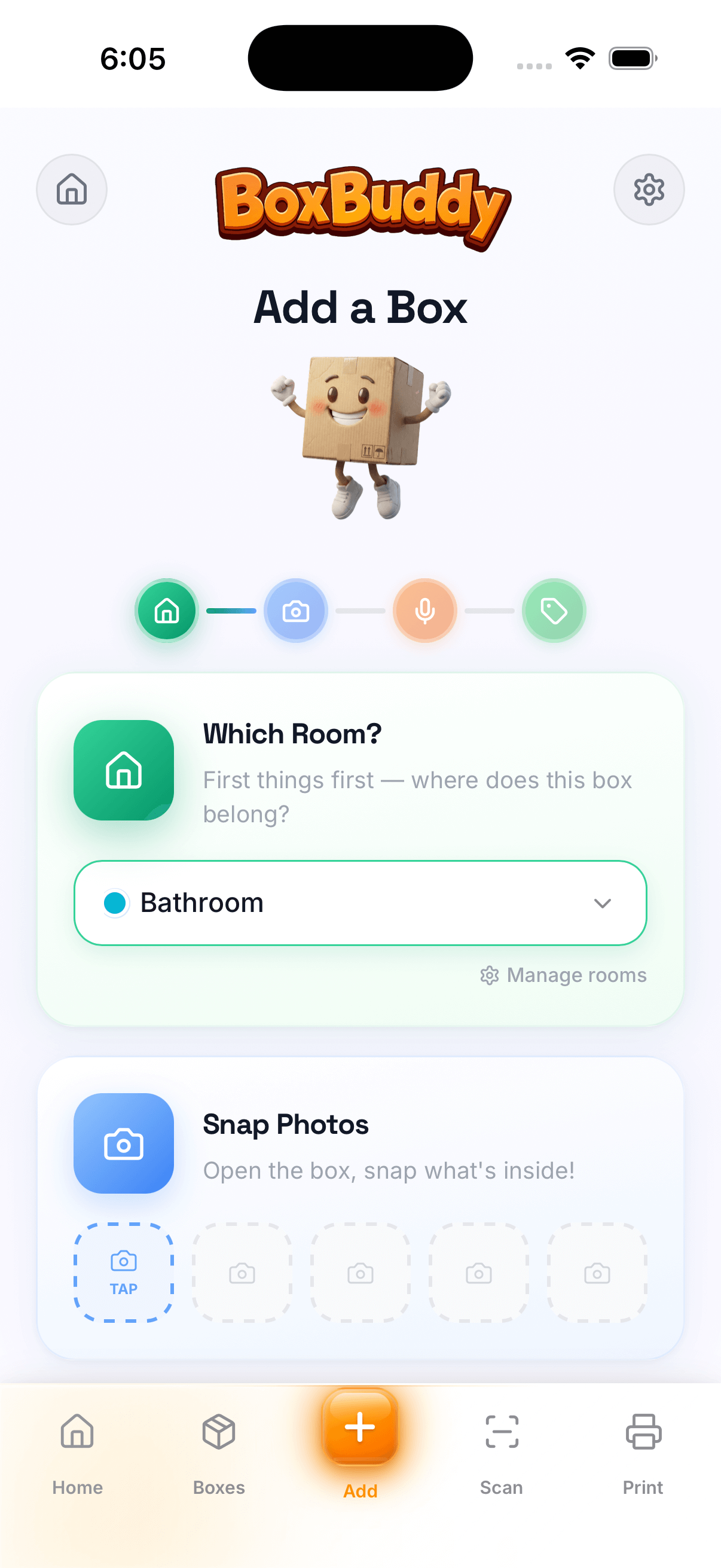 BoxBuddy add a box screen showing room selection, photo capture, and packing workflow