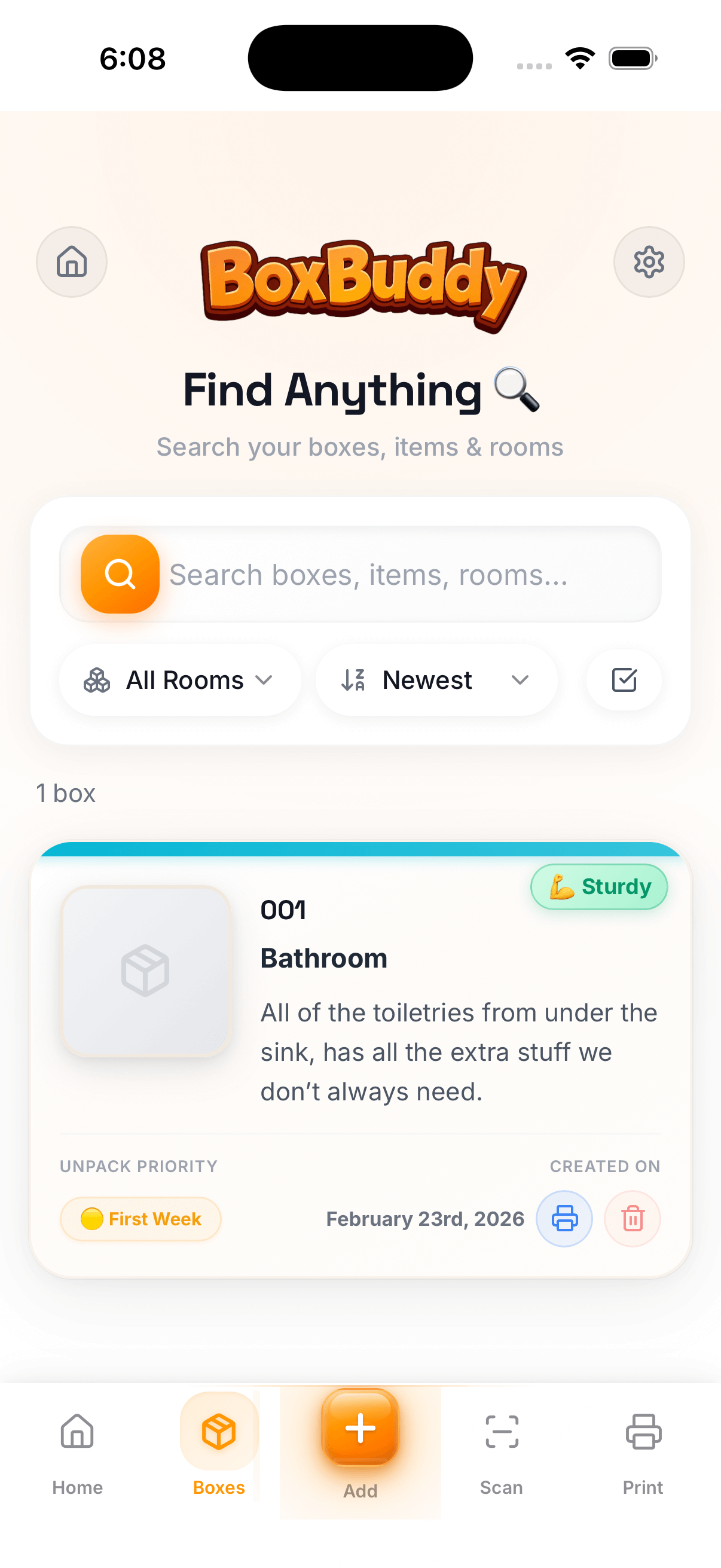 BoxBuddy search screen showing moving box inventory search