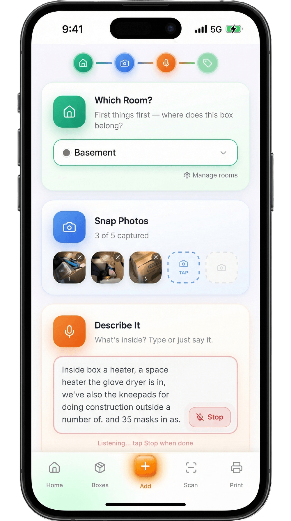 BoxBuddy Voice AI screen for dictating box contents hands-free