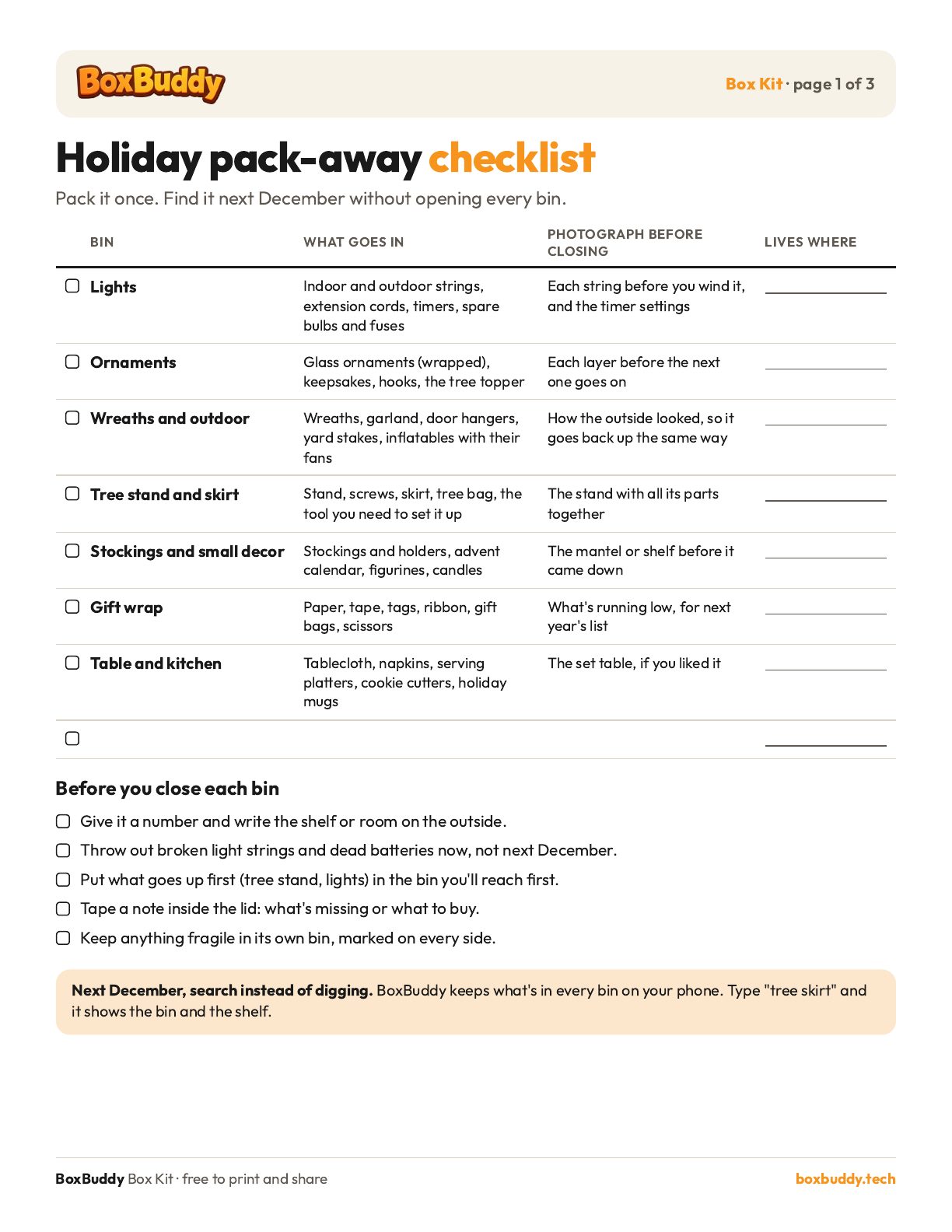 Page 1 of the Box Kit: a holiday pack-away checklist with a row for each bin, what goes in it, what to photograph before closing it, and where it lives
