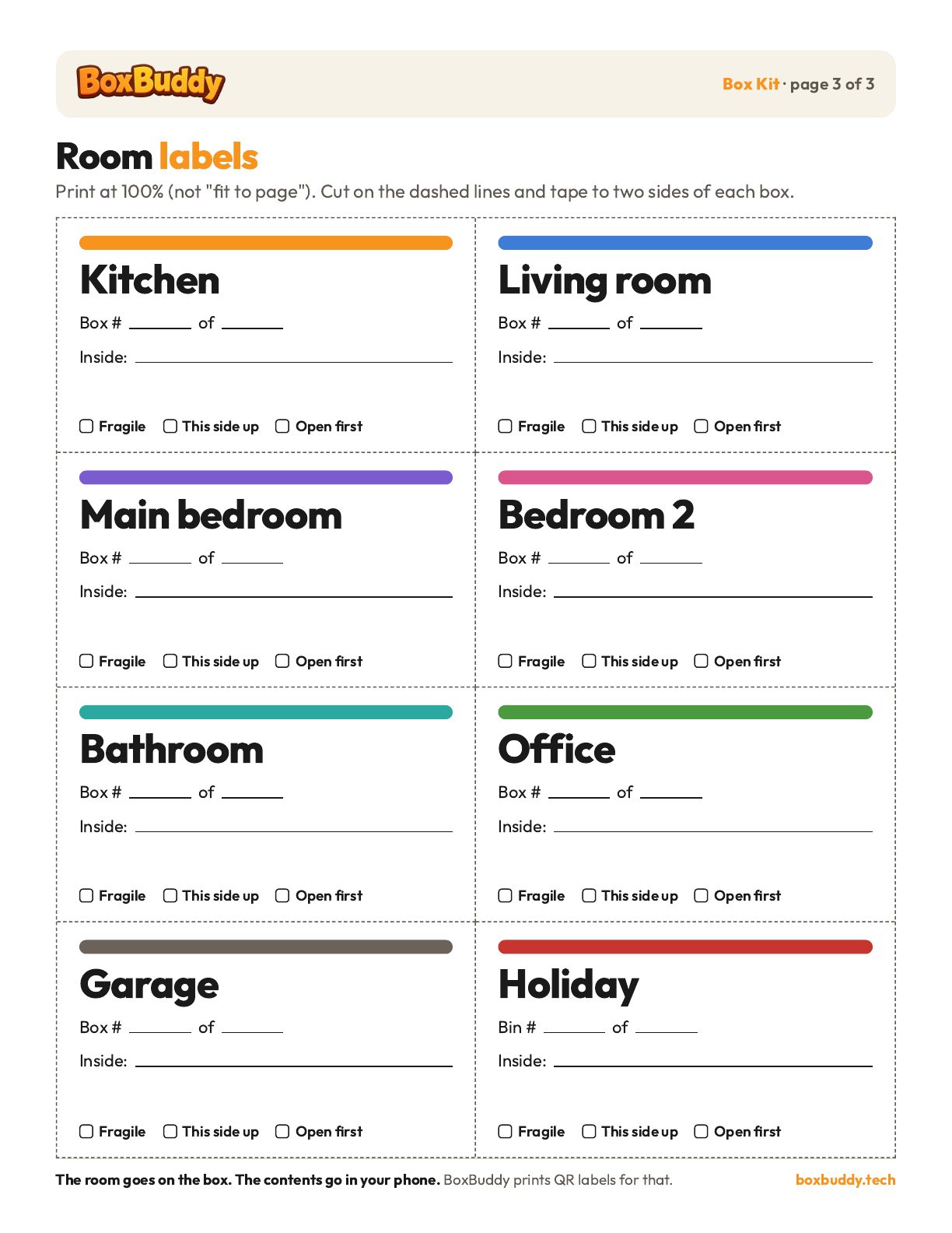 Page 3 of the Box Kit: cut-out room labels for the kitchen, living room, bedrooms, bathroom, office, garage and holiday bins, each with a box number and tick boxes